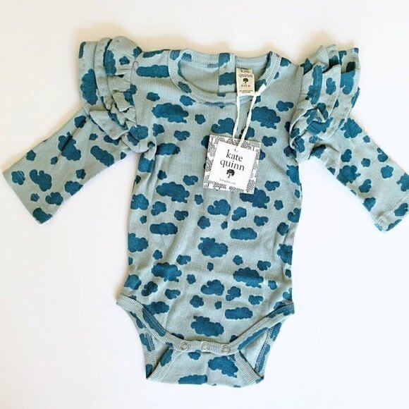 Kate Quinn Organics Long Sleeve Triple Ruffle Bodysuit, Cloud Scatter, 6 12 18 M - Picture 1 of 8
